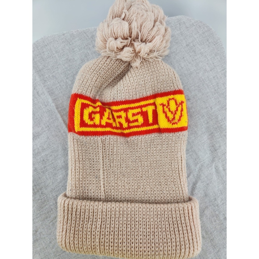 VTG Garst Tan Red & Yellow Knit Stocking Beanie Cap Hat Adult With‎ Pom